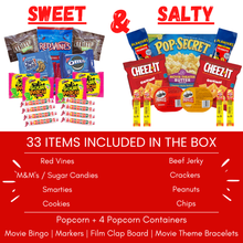 Load image into Gallery viewer, Movie Night Gift Basket – 42-Piece Gift Box with Popcorn, Candy, Snacks & Bingo – Birthdays, Date Night, Family, Kids, Adults, Mom, Dad, Teens, Christmas, Mothers Day, Fathers Day, Raffle & Fundraiser