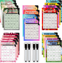 Load image into Gallery viewer, Movie Night Co. Movie Night Bingo Cards 20 Pack - Reusable Family Game Set with Dry Erase Markers for Parties, Classrooms and Events - XOXO Parents