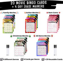 Load image into Gallery viewer, Movie Night Co. Movie Night Bingo Cards 20 Pack - Reusable Family Game Set with Dry Erase Markers for Parties, Classrooms and Events - XOXO Parents