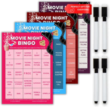 Load image into Gallery viewer, XOXO Parents Movie Night Bingo Cards | Reusable Bingo Cards with Dry-Erase Markers – Family, Romantic, Action & Multi-Theme - XOXO Parents