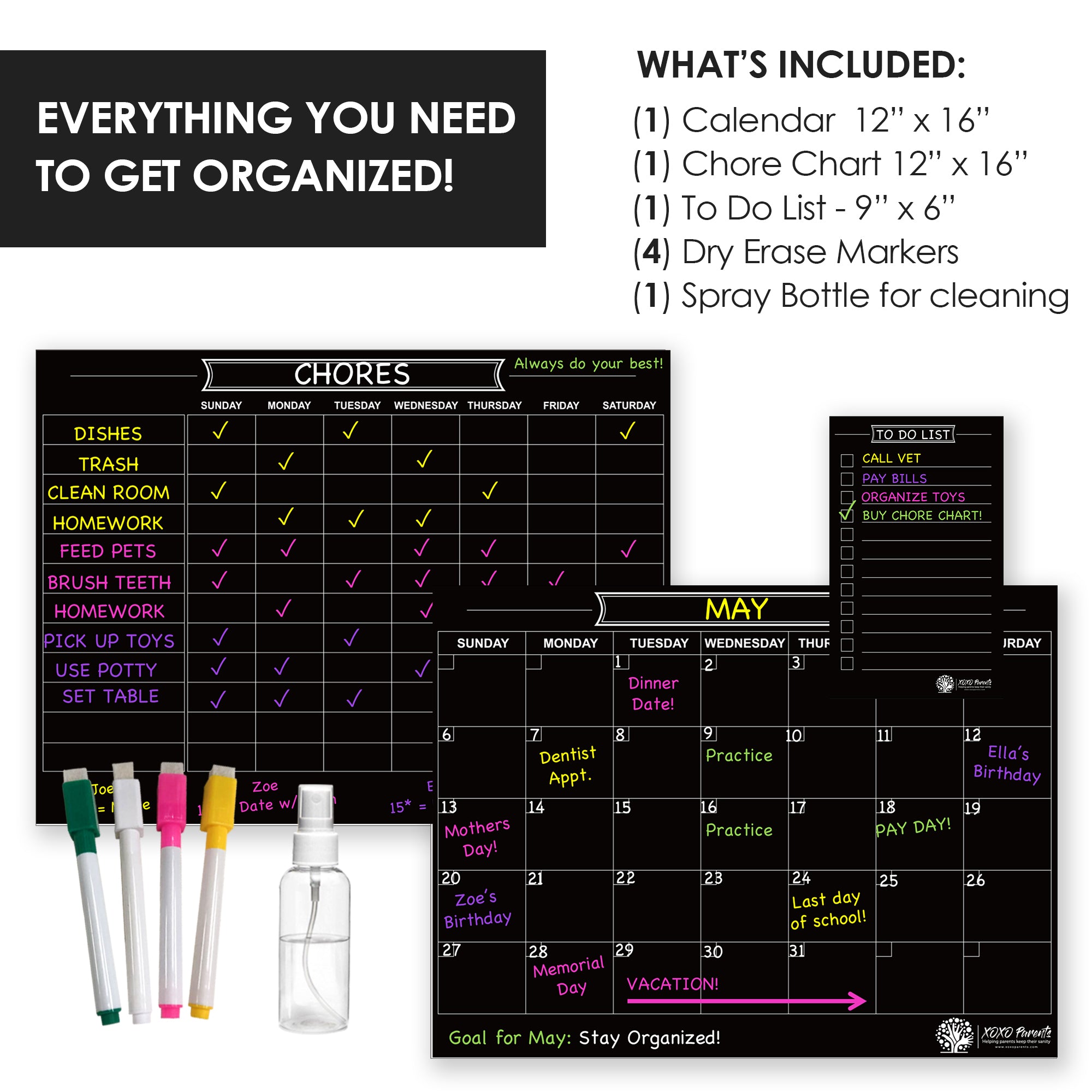Magnet Chore Chart + Calendar + To Do List (Black) - XOXO Parents
