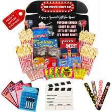 Load image into Gallery viewer, Movie Night Gift Basket – 42-Piece Gift Box with Popcorn, Candy, Snacks &amp; Bingo – Birthdays, Date Night, Family, Kids, Adults, Mom, Dad, Teens, Christmas, Mothers Day, Fathers Day, Raffle &amp; Fundraiser
