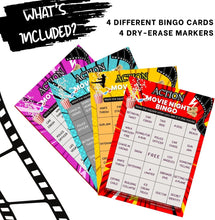 Load image into Gallery viewer, XOXO Parents Movie Night Bingo Cards | Reusable Bingo Cards with Dry-Erase Markers – Family, Romantic, Action &amp; Multi-Theme
