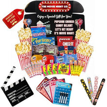 Load image into Gallery viewer, Movie Night Gift Basket – 42-Piece Gift Box with Popcorn, Candy, Snacks &amp; Bingo – Birthdays, Date Night, Family, Kids, Adults, Mom, Dad, Teens, Christmas, Mothers Day, Fathers Day, Raffle &amp; Fundraiser
