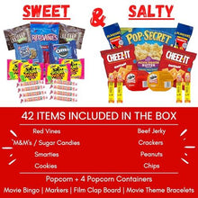 Load image into Gallery viewer, Movie Night Gift Basket – 42-Piece Gift Box with Popcorn, Candy, Snacks &amp; Bingo – Birthdays, Date Night, Family, Kids, Adults, Mom, Dad, Teens, Christmas, Mothers Day, Fathers Day, Raffle &amp; Fundraiser
