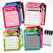 Load image into Gallery viewer, XOXO Parents Movie Night Bingo Cards | Reusable Bingo Cards with Dry-Erase Markers – Family, Romantic, Action &amp; Multi-Theme
