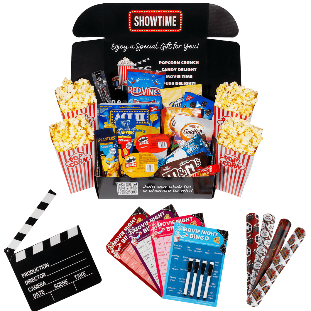 Movie Night Gift Box Set Snacks + Movie Night Bingo & More - XOXO Parents