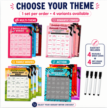 Load image into Gallery viewer, XOXO Parents Movie Night Bingo Cards | Reusable Bingo Cards with Dry-Erase Markers – Family, Romantic, Action &amp; Multi-Theme - XOXO Parents
