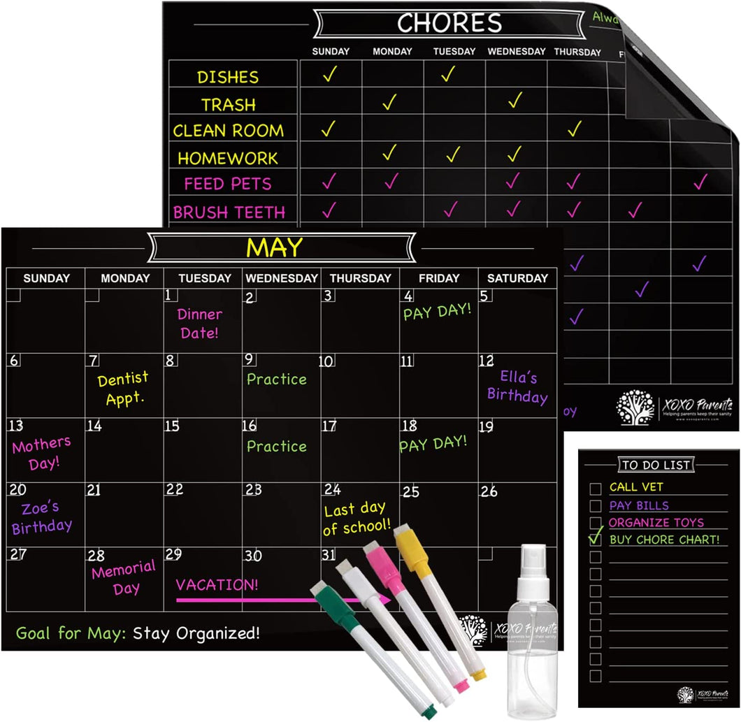 Magnet Chore Chart + Calendar + To Do List (Black) - XOXO Parents