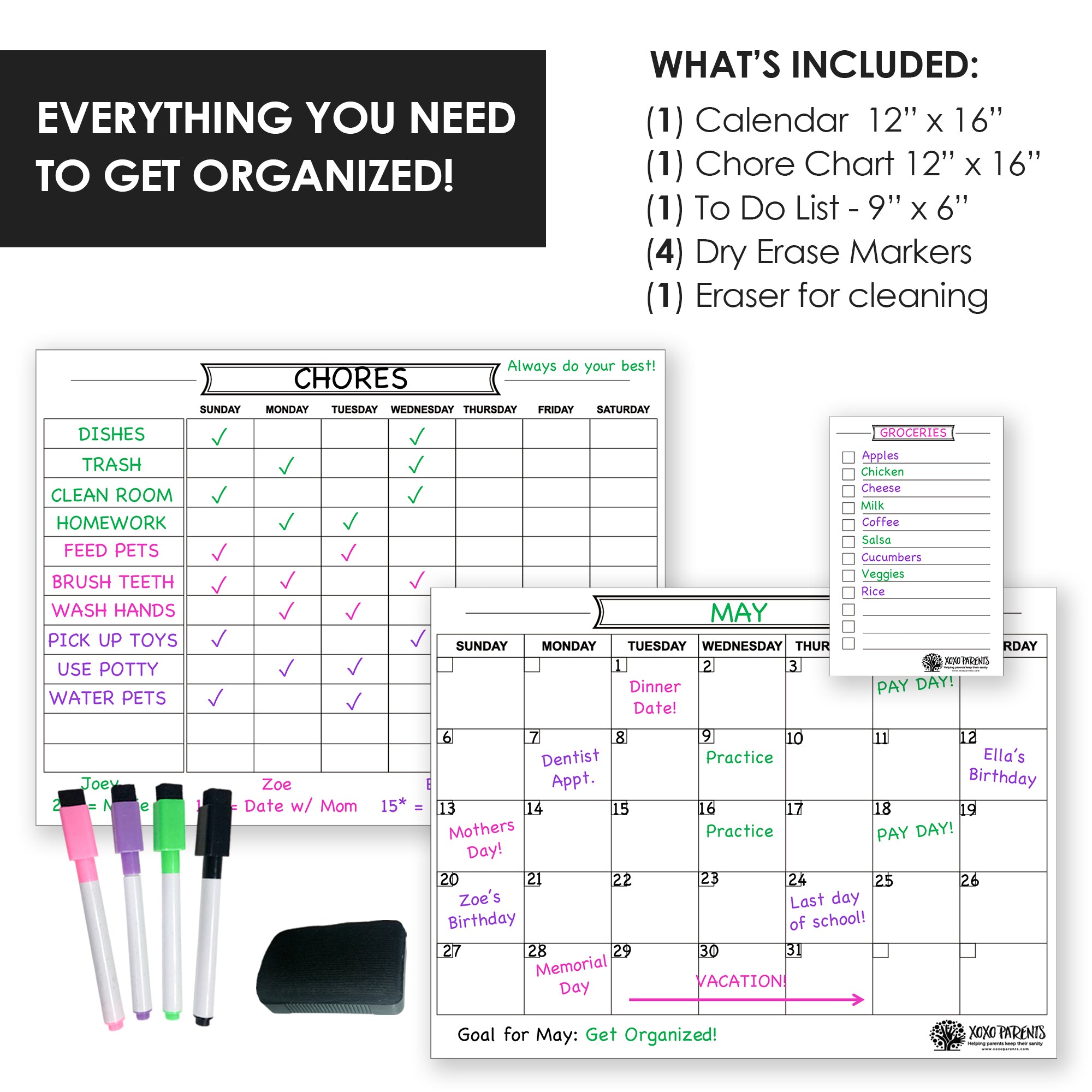 Magnet Chore Chart + Calendar + To Do List (White) - XOXO Parents