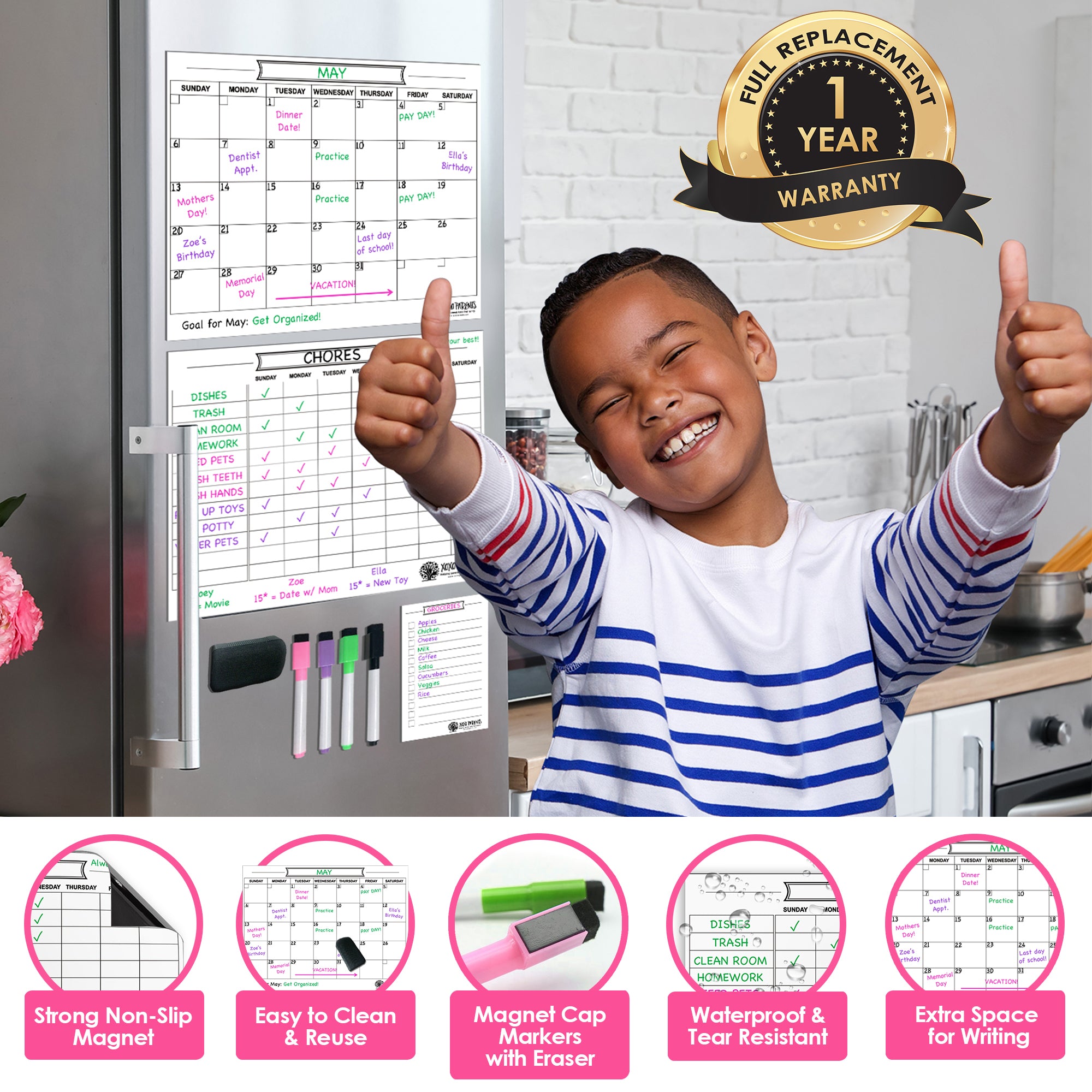 Magnet Chore Chart + Calendar + To Do List (White) - XOXO Parents
